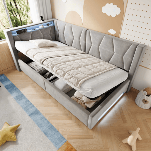 Cama estofada 90x200 cm - com arrumação, LED, USB e porta de carregamento Type-C, baú hidráulico, base incluída - Cinzento Cama estofada 90x200 cm - com arrumação, LED, USB e porta de carregamento Type-C, baú hidráulico, base incluída - Cinzento