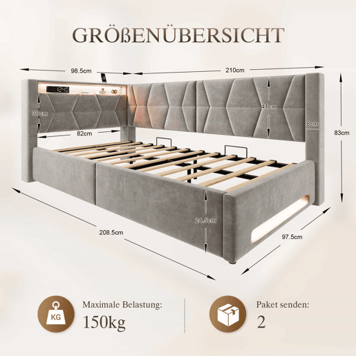 Cama estofada 90x200 cm - com arrumação, LED, USB e porta de carregamento Type-C, baú hidráulico, base incluída - Cinzento Cama estofada 90x200 cm - com arrumação, LED, USB e porta de carregamento Type-C, baú hidráulico, base incluída - Cinzento