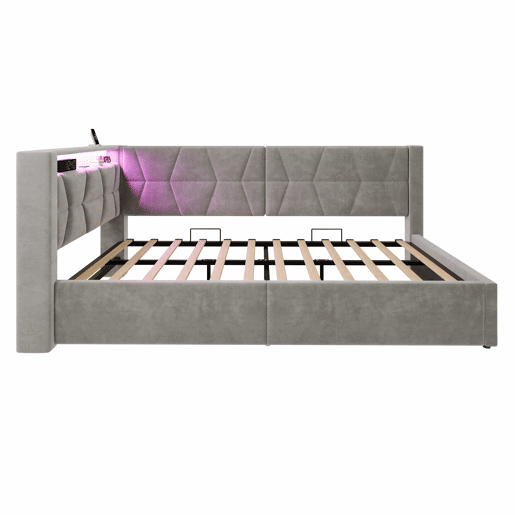 Cama estofada 90x200 cm - com arrumação, LED, USB e porta de carregamento Type-C, baú hidráulico, base incluída - Cinzento Cama estofada 90x200 cm - com arrumação, LED, USB e porta de carregamento Type-C, baú hidráulico, base incluída - Cinzento