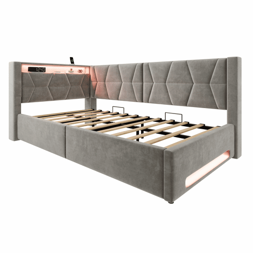 Cama estofada 90x200 cm - com arrumação, LED, USB e porta de carregamento Type-C, baú hidráulico, base incluída - Cinzento Cama estofada 90x200 cm - com arrumação, LED, USB e porta de carregamento Type-C, baú hidráulico, base incluída - Cinzento