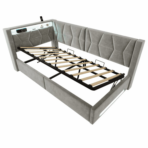 Cama estofada 90x200 cm - com arrumação, LED, USB e porta de carregamento Type-C, baú hidráulico, base incluída - Cinzento Cama estofada 90x200 cm - com arrumação, LED, USB e porta de carregamento Type-C, baú hidráulico, base incluída - Cinzento