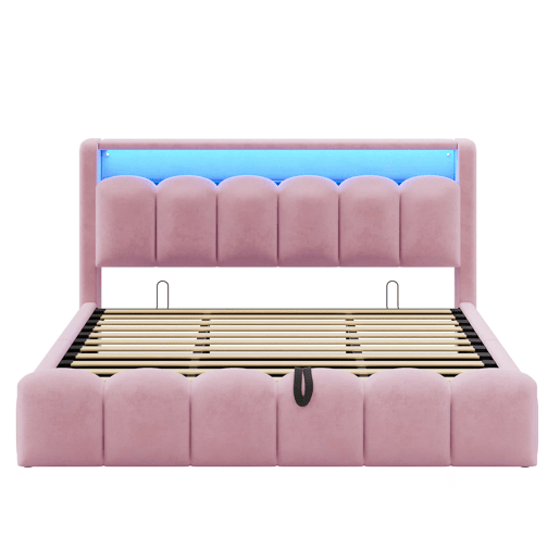 Cama estofada 180x200 cm - arrumação hidráulica, cabeceira com arrumação, LED, USB e Tipo C, veludo macio com padrão floral - Rosa Cama estofada 180x200 cm - arrumação hidráulica, cabeceira com arrumação, LED, USB e Tipo C, veludo macio com padrão floral - Rosa