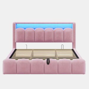 Cama estofada 180x200 cm - arrumação hidráulica, cabeceira com arrumação, LED, USB e Tipo C, veludo macio com padrão floral - Rosa