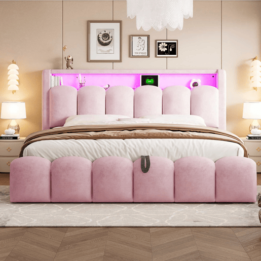 Cama estofada 180x200 cm - arrumação hidráulica, cabeceira com arrumação, LED, USB e Tipo C, veludo macio com padrão floral - Rosa Cama estofada 180x200 cm - arrumação hidráulica, cabeceira com arrumação, LED, USB e Tipo C, veludo macio com padrão floral - Rosa
