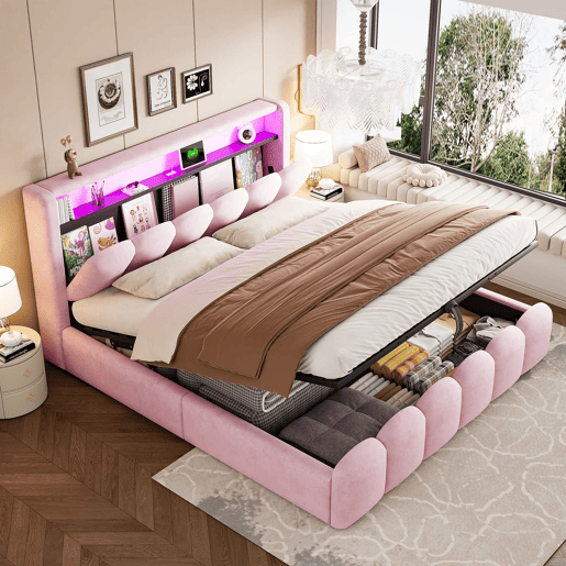 Cama estofada 180x200 cm - arrumação hidráulica, cabeceira com arrumação, LED, USB e Tipo C, veludo macio com padrão floral - Rosa Cama estofada 180x200 cm - arrumação hidráulica, cabeceira com arrumação, LED, USB e Tipo C, veludo macio com padrão floral - Rosa