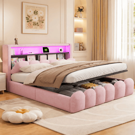 Cama estofada 180x200 cm - arrumação hidráulica, cabeceira com arrumação, LED, USB e Tipo C, veludo macio com padrão floral - Rosa Cama estofada 180x200 cm - arrumação hidráulica, cabeceira com arrumação, LED, USB e Tipo C, veludo macio com padrão floral - Rosa