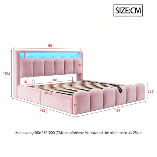 Cama estofada 180x200 cm - arrumação hidráulica, cabeceira com arrumação, LED, USB e Tipo C, veludo macio com padrão floral - Rosa Cama estofada 180x200 cm - arrumação hidráulica, cabeceira com arrumação, LED, USB e Tipo C, veludo macio com padrão floral - Rosa
