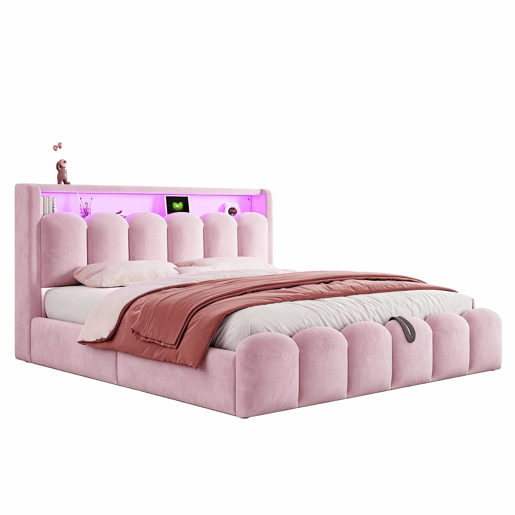 Cama estofada 180x200 cm - arrumação hidráulica, cabeceira com arrumação, LED, USB e Tipo C, veludo macio com padrão floral - Rosa Cama estofada 180x200 cm - arrumação hidráulica, cabeceira com arrumação, LED, USB e Tipo C, veludo macio com padrão floral - Rosa