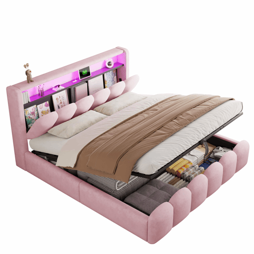 Cama estofada 180x200 cm - arrumação hidráulica, cabeceira com arrumação, LED, USB e Tipo C, veludo macio com padrão floral - Rosa Cama estofada 180x200 cm - arrumação hidráulica, cabeceira com arrumação, LED, USB e Tipo C, veludo macio com padrão floral - Rosa