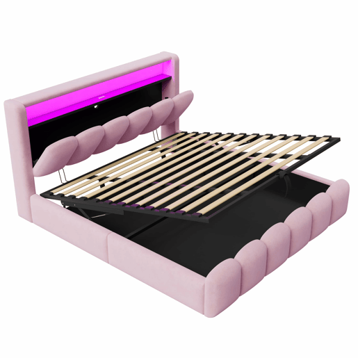 Cama estofada 180x200 cm - arrumação hidráulica, cabeceira com arrumação, LED, USB e Tipo C, veludo macio com padrão floral - Rosa Cama estofada 180x200 cm - arrumação hidráulica, cabeceira com arrumação, LED, USB e Tipo C, veludo macio com padrão floral - Rosa