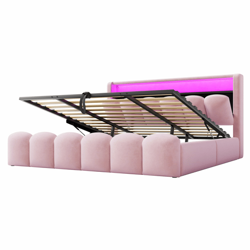 Cama estofada 180x200 cm - arrumação hidráulica, cabeceira com arrumação, LED, USB e Tipo C, veludo macio com padrão floral - Rosa Cama estofada 180x200 cm - arrumação hidráulica, cabeceira com arrumação, LED, USB e Tipo C, veludo macio com padrão floral - Rosa