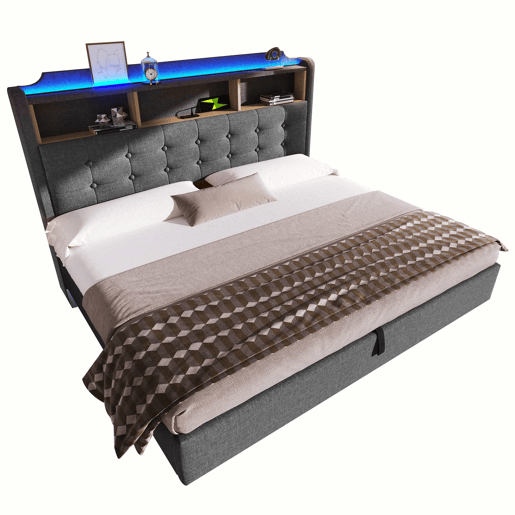 Cama estofada 180x200 cm - LED, arrumação hidráulica, compartimentos, design flutuante, USB e Type-C - Cinzento