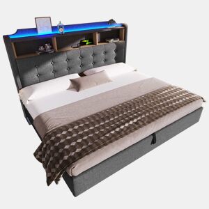 Cama estofada 180x200 cm - LED, arrumação hidráulica, compartimentos, design flutuante, USB e Type-C - Cinzento