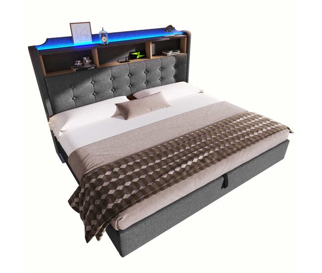 Cama tapizada 180x200 cm - led, almacenamiento hidráulico, compartimentos, diseño flotante, usb y type-c - gris