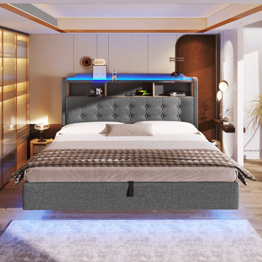 Cama estofada 180x200 cm - LED, arrumação hidráulica, compartimentos, design flutuante, USB e Type-C - Cinzento