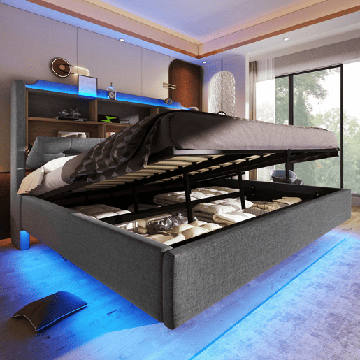 Cama estofada 180x200 cm - LED, arrumação hidráulica, compartimentos, design flutuante, USB e Type-C - Cinzento