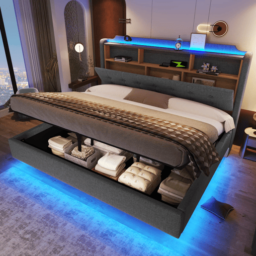 Cama estofada 180x200 cm - LED, arrumação hidráulica, compartimentos, design flutuante, USB e Type-C - Cinzento