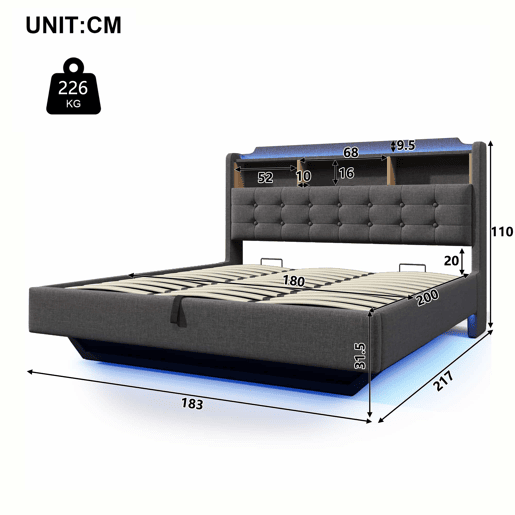 Cama estofada 180x200 cm - LED, arrumação hidráulica, compartimentos, design flutuante, USB e Type-C - Cinzento