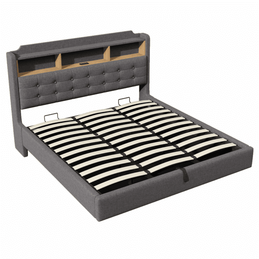 Cama estofada 180x200 cm - LED, arrumação hidráulica, compartimentos, design flutuante, USB e Type-C - Cinzento