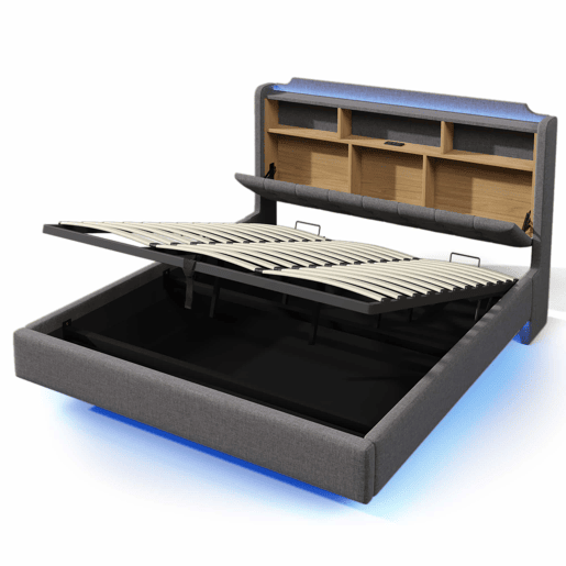 Cama estofada 180x200 cm - LED, arrumação hidráulica, compartimentos, design flutuante, USB e Type-C - Cinzento