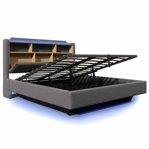 Cama estofada 180x200 cm - LED, arrumação hidráulica, compartimentos, design flutuante, USB e Type-C - Cinzento