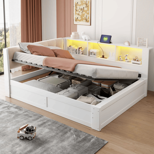 Sofá-cama 140x200 cm - cama individual com arrumação hidráulica, luz LED regulável, prateleira e porta USB - Branco Sofá-cama 140x200 cm - cama individual com arrumação hidráulica, luz LED regulável, prateleira e porta USB - Branco