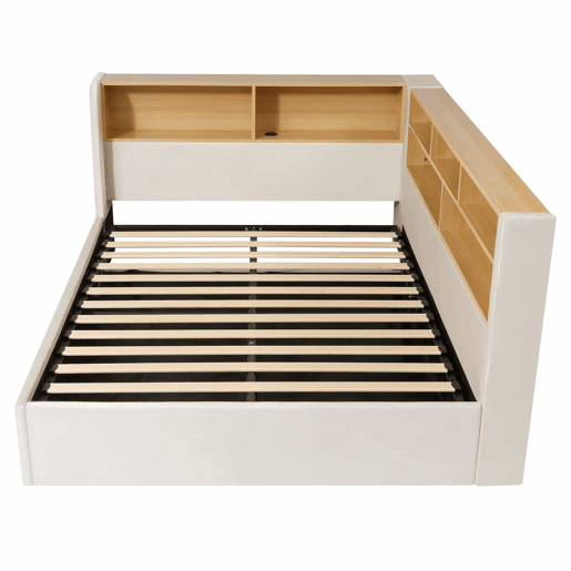 Sofá-cama 140x200 cm - com arrumação hidráulica, LED, USB e encosto almofadado - bege Sofá-cama 140x200 cm - com arrumação hidráulica, LED, USB e encosto almofadado - bege