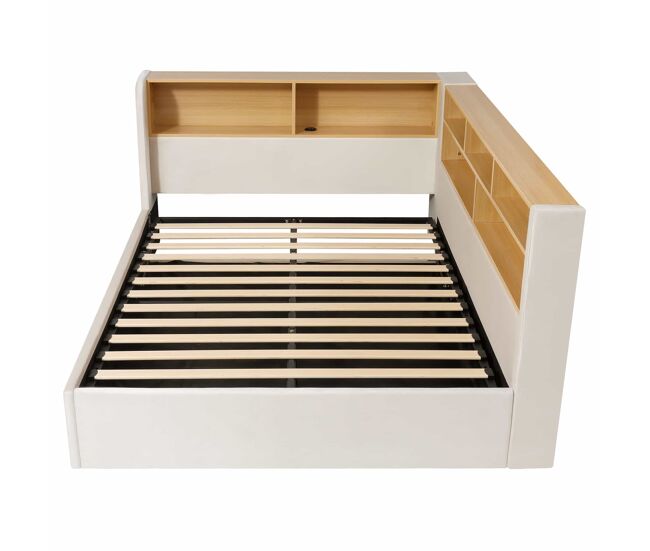 Sofá cama 140x200 cm - con almacenamiento hidráulico, led, usb y respaldo acolchado - beige