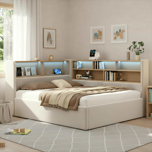 Sofá-cama 140x200 cm - com arrumação hidráulica, LED, USB e encosto almofadado - bege Sofá-cama 140x200 cm - com arrumação hidráulica, LED, USB e encosto almofadado - bege