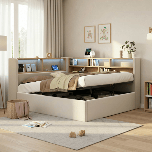Sofá-cama 140x200 cm - com arrumação hidráulica, LED, USB e encosto almofadado - bege Sofá-cama 140x200 cm - com arrumação hidráulica, LED, USB e encosto almofadado - bege