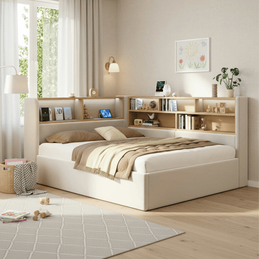 Sofá-cama 140x200 cm - com arrumação hidráulica, LED, USB e encosto almofadado - bege Sofá-cama 140x200 cm - com arrumação hidráulica, LED, USB e encosto almofadado - bege