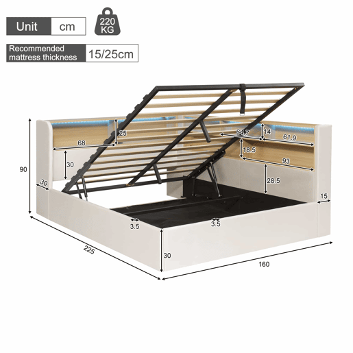 Sofá-cama 140x200 cm - com arrumação hidráulica, LED, USB e encosto almofadado - bege Sofá-cama 140x200 cm - com arrumação hidráulica, LED, USB e encosto almofadado - bege