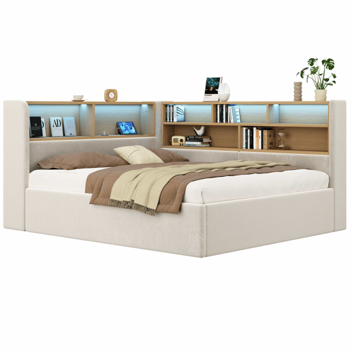 Sofá-cama 140x200 cm - com arrumação hidráulica, LED, USB e encosto almofadado - bege Sofá-cama 140x200 cm - com arrumação hidráulica, LED, USB e encosto almofadado - bege