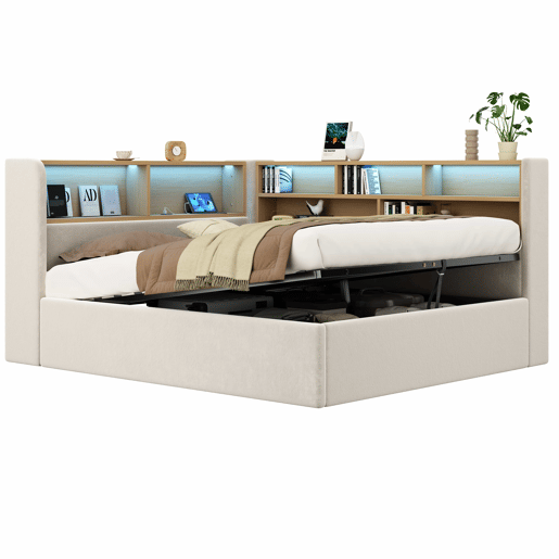 Sofá-cama 140x200 cm - com arrumação hidráulica, LED, USB e encosto almofadado - bege Sofá-cama 140x200 cm - com arrumação hidráulica, LED, USB e encosto almofadado - bege
