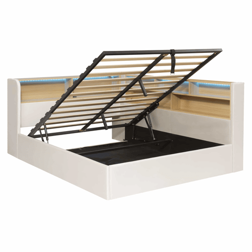 Sofá-cama 140x200 cm - com arrumação hidráulica, LED, USB e encosto almofadado - bege Sofá-cama 140x200 cm - com arrumação hidráulica, LED, USB e encosto almofadado - bege