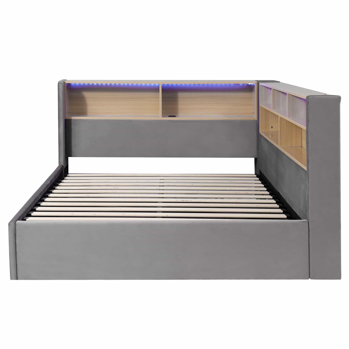 Sofá cama 140x190 cm - con almacenamiento hidráulico, led, usb y respaldo acolchado - gris