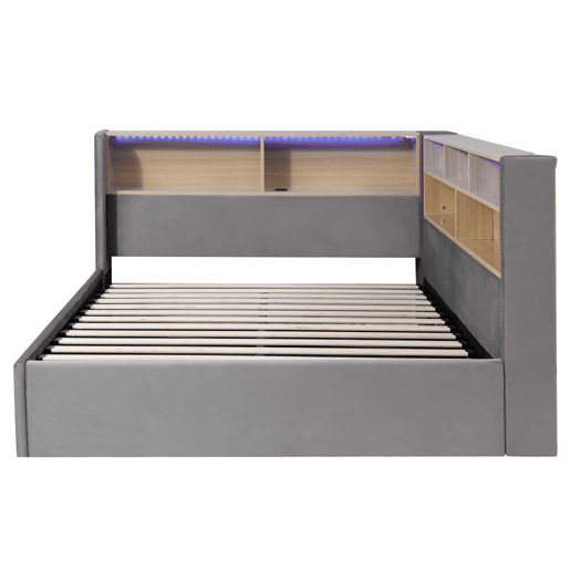 Sofá-cama 140x190 cm - com arrumação hidráulica, LED, USB e encosto almofadado - cinzento Sofá-cama 140x190 cm - com arrumação hidráulica, LED, USB e encosto almofadado - cinzento