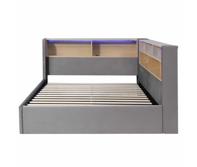 Sofá cama 140x190 cm - con almacenamiento hidráulico, led, usb y respaldo acolchado - gris