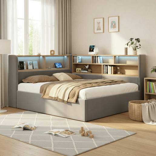 Sofá-cama 140x190 cm - com arrumação hidráulica, LED, USB e encosto almofadado - cinzento Sofá-cama 140x190 cm - com arrumação hidráulica, LED, USB e encosto almofadado - cinzento