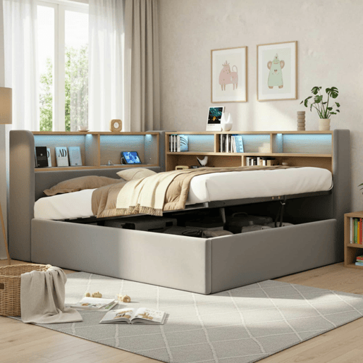Sofá-cama 140x190 cm - com arrumação hidráulica, LED, USB e encosto almofadado - cinzento Sofá-cama 140x190 cm - com arrumação hidráulica, LED, USB e encosto almofadado - cinzento
