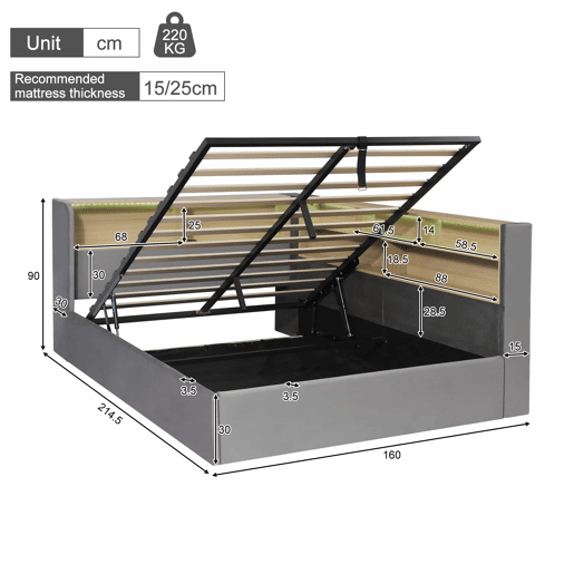 Sofá-cama 140x190 cm - com arrumação hidráulica, LED, USB e encosto almofadado - cinzento Sofá-cama 140x190 cm - com arrumação hidráulica, LED, USB e encosto almofadado - cinzento