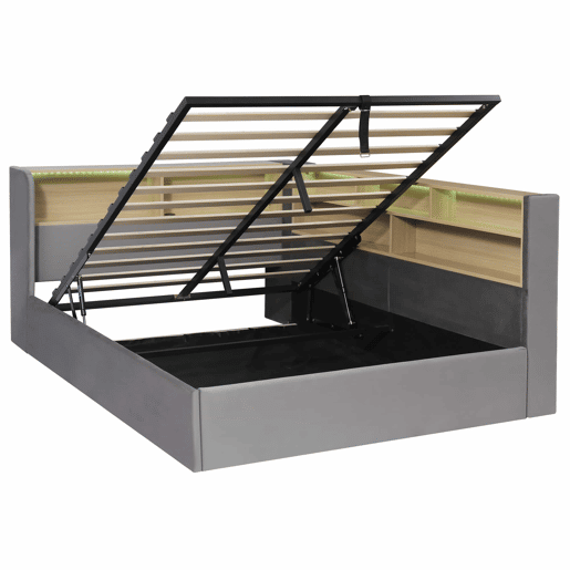 Sofá-cama 140x190 cm - com arrumação hidráulica, LED, USB e encosto almofadado - cinzento Sofá-cama 140x190 cm - com arrumação hidráulica, LED, USB e encosto almofadado - cinzento