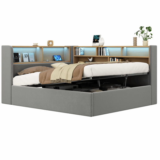 Sofá-cama 140x190 cm - com arrumação hidráulica, LED, USB e encosto almofadado - cinzento Sofá-cama 140x190 cm - com arrumação hidráulica, LED, USB e encosto almofadado - cinzento