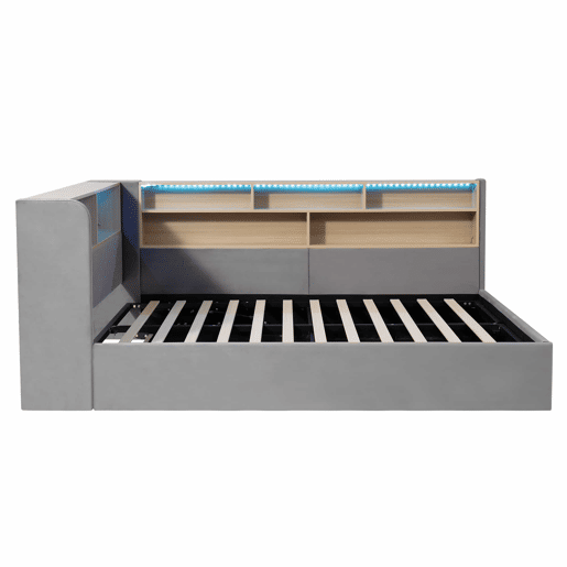 Sofá-cama 140x190 cm - com arrumação hidráulica, LED, USB e encosto almofadado - cinzento Sofá-cama 140x190 cm - com arrumação hidráulica, LED, USB e encosto almofadado - cinzento
