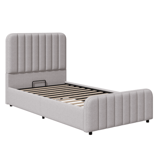 Cama individual estofada 90x200 cm - hidráulica, com base de colchão, cabeceira almofadada e muito espaço de arrumação - cinzenta Cama individual estofada 90x200 cm - hidráulica, com base de colchão, cabeceira almofadada e muito espaço de arrumação - cinzenta
