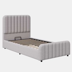 Cama individual estofada 90x200 cm - hidráulica, com base de colchão, cabeceira almofadada e muito espaço de arrumação - cinzenta