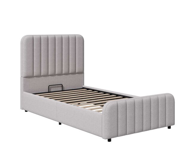 Cama individual tapizada 90x200 cm - hidráulica, con somier, cabecero acolchado y gran almacenamiento - gris