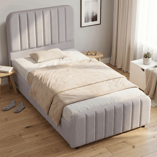Cama individual estofada 90x200 cm - hidráulica, com base de colchão, cabeceira almofadada e muito espaço de arrumação - cinzenta Cama individual estofada 90x200 cm - hidráulica, com base de colchão, cabeceira almofadada e muito espaço de arrumação - cinzenta