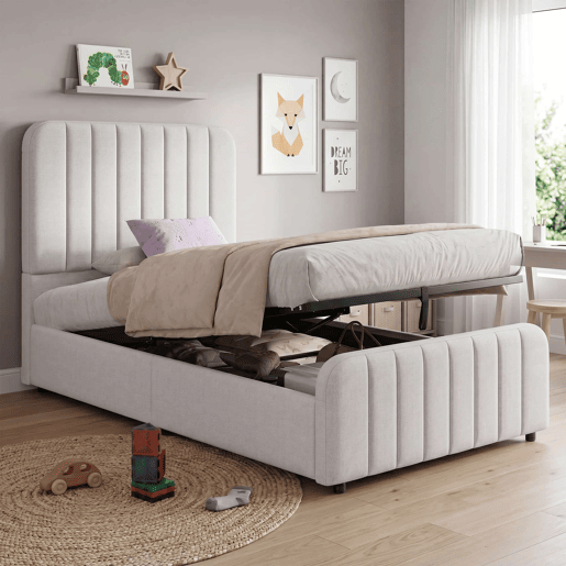Cama individual estofada 90x200 cm - hidráulica, com base de colchão, cabeceira almofadada e muito espaço de arrumação - cinzenta Cama individual estofada 90x200 cm - hidráulica, com base de colchão, cabeceira almofadada e muito espaço de arrumação - cinzenta