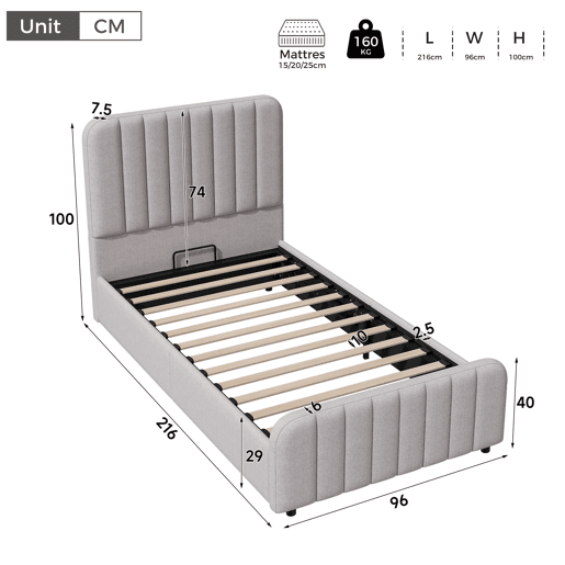 Cama individual estofada 90x200 cm - hidráulica, com base de colchão, cabeceira almofadada e muito espaço de arrumação - cinzenta Cama individual estofada 90x200 cm - hidráulica, com base de colchão, cabeceira almofadada e muito espaço de arrumação - cinzenta